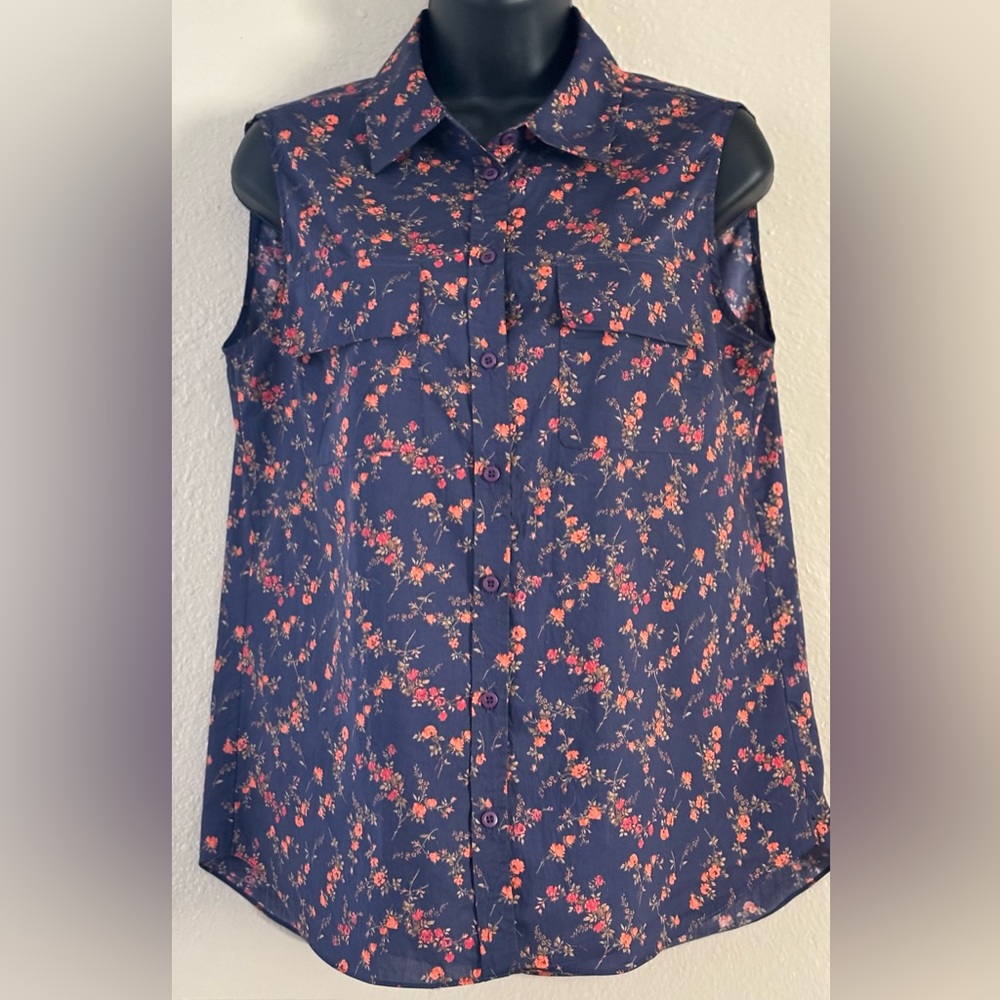 ANTONIO MELANI Navy Floral Sleeveless Blouse Size S
